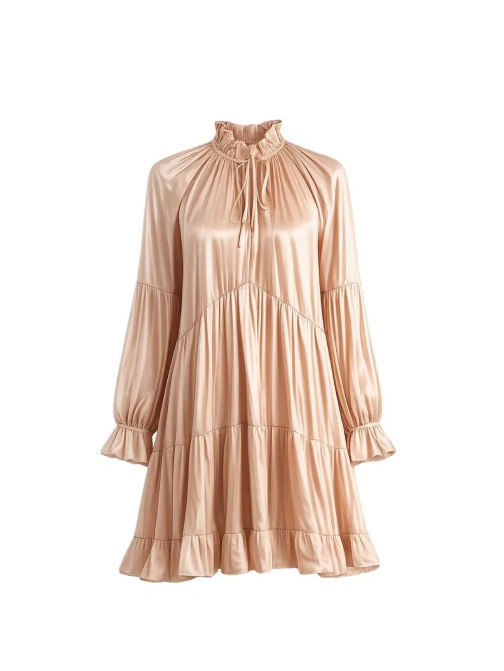 cinq a sept Nude Ruffle-Neck Long Sleeve Tiered Dress